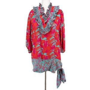 Vintage 80s Susan Freis Abstract Resort Print Bright Blouse Top Pink XS